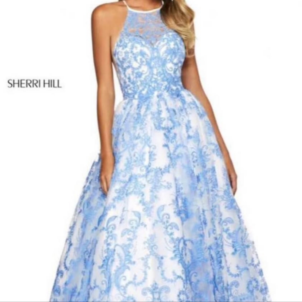 Nwt. Sherri Hill Blue Lace Evening Gown. Size 8